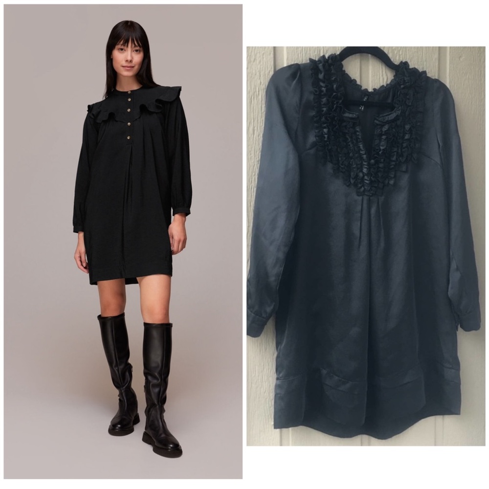 Lapis Black Long sleeved shift Dress ruffle front  S